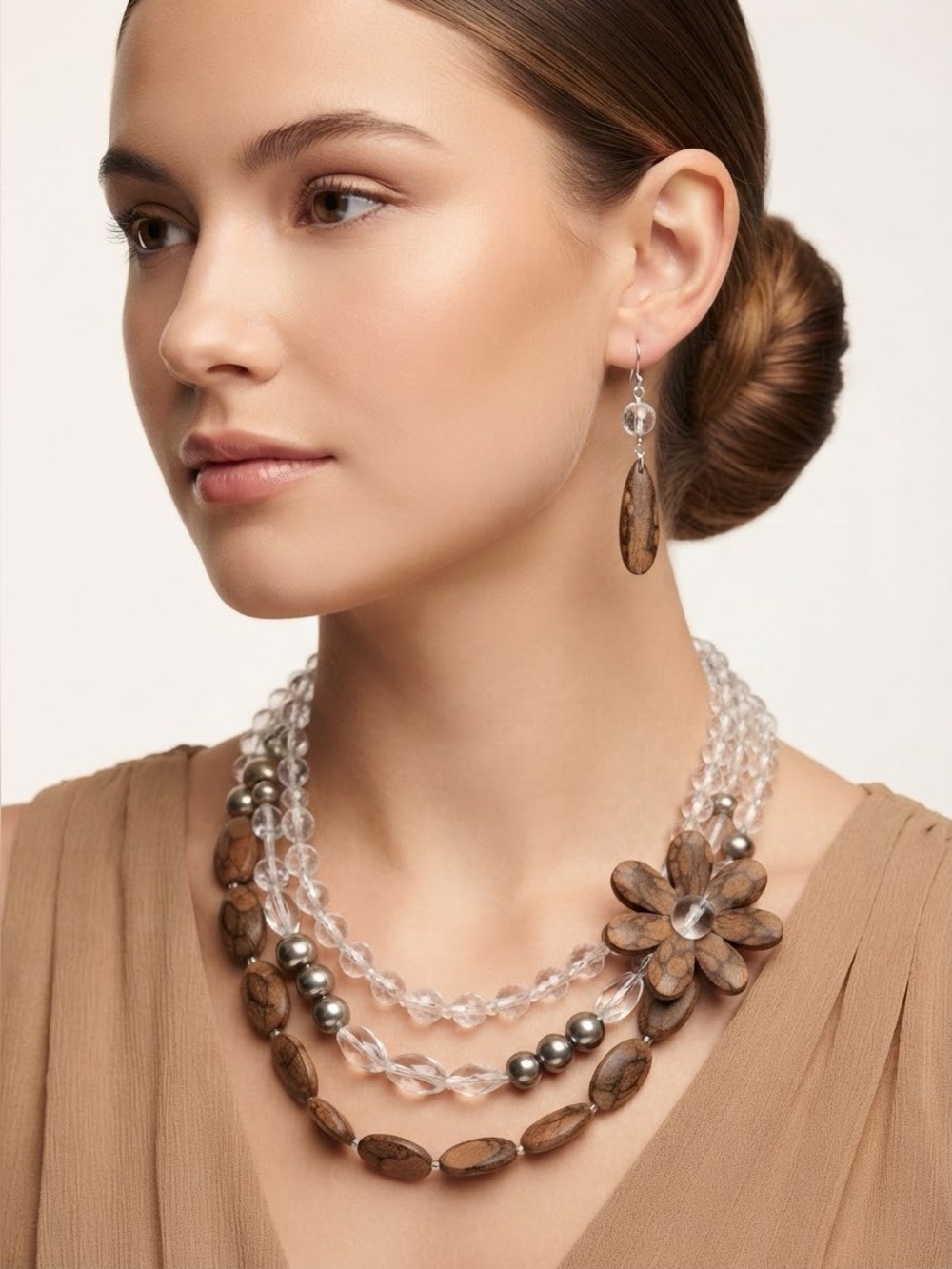 Asymmetrical Boho Multi-Strand Necklace | Brown Floral & Clear Lucite Beads